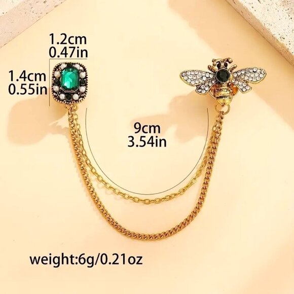 Bee Brooch Rhinestone Green Emerald Pin Pearl Gold Chain Double Pendant Stylish - Picture 3 of 3
